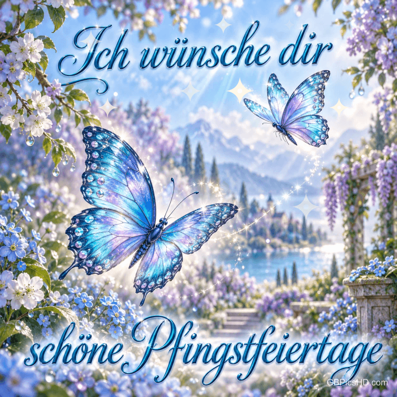 Zwei blaue Schmetterlinge fliegen zwischen Blüten vor einer Berglandschaft; dazu steht "Ich wünsche dir schöne Pfingstfeiertage".