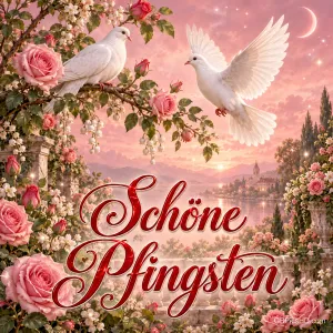 Zwei weiße Tauben zwischen rosa Rosen über einer Seenlandschaft im Abendlicht mit "Schöne Pfingsten".