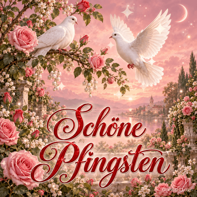Zwei weiße Tauben zwischen rosa Rosen über einer Seenlandschaft im Abendlicht mit "Schöne Pfingsten".