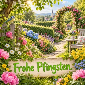 Eine Blaumeise sitzt am Zaun eines blühenden Gartens mit Rosenbogen und Bank; auf einem Holzschild steht "Frohe Pfingsten.".