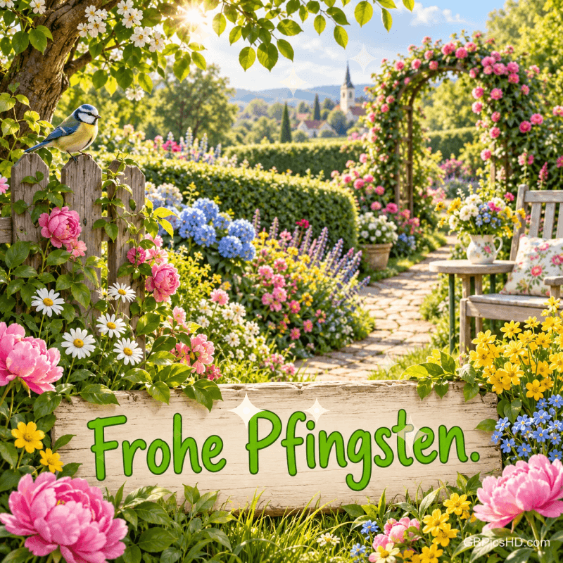 Eine Blaumeise sitzt am Zaun eines blühenden Gartens mit Rosenbogen und Bank; auf einem Holzschild steht "Frohe Pfingsten.".