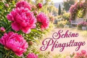 Pinke Pfingstrosen blühen in einem sonnigen Garten mit einer Bank und dem Gruß "Schöne Pfingsttage".