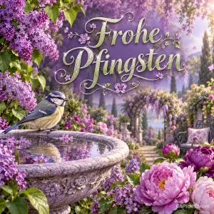 Eine Blaumeise sitzt an einer steinernen Vogeltränke zwischen Flieder und rosa Pfingstrosen; darüber steht "Frohe Pfingsten".