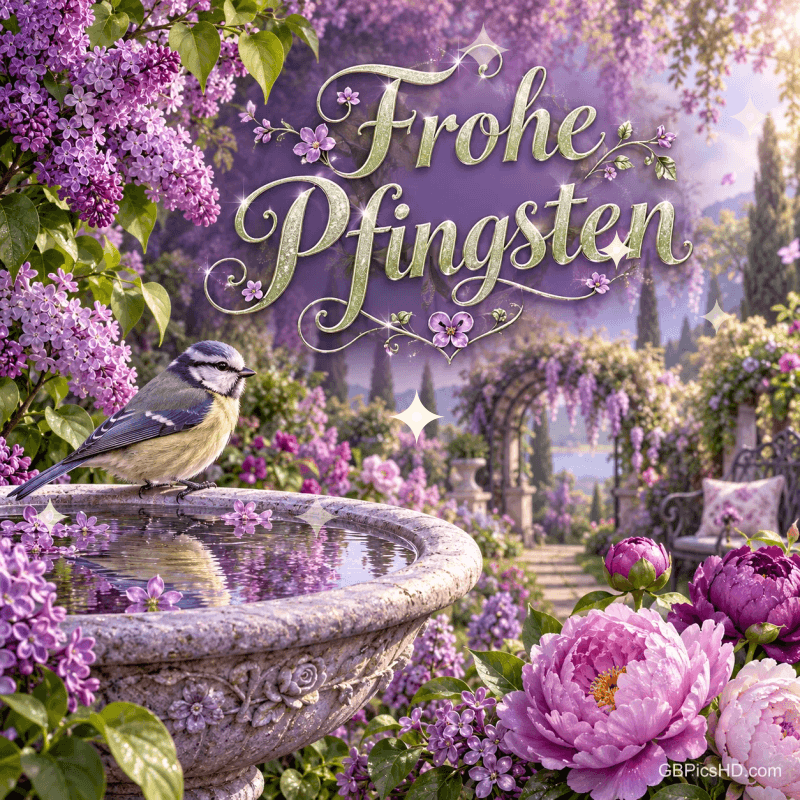 Eine Blaumeise sitzt an einer steinernen Vogeltränke zwischen Flieder und rosa Pfingstrosen; darüber steht "Frohe Pfingsten".