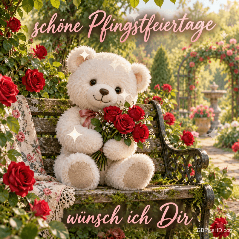 Ein weißer Teddybär mit roten Rosen sitzt auf einer Gartenbank zwischen "Schöne Pfingstfeiertage" und "wünsch ich Dir".