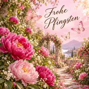 Rosa Pfingstrosen und drei helle Schmetterlinge säumen einen Gartenweg; am rosa Himmel steht "Frohe Pfingsten".