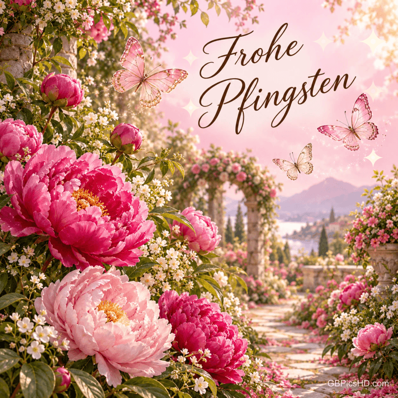 Rosa Pfingstrosen und drei helle Schmetterlinge säumen einen Gartenweg; am rosa Himmel steht "Frohe Pfingsten".