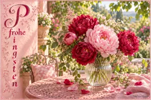 Rote und rosa Pfingstrosen stehen in einer Glasvase auf einem Gartentisch neben dem Schriftzug "Frohe Pfingsten".