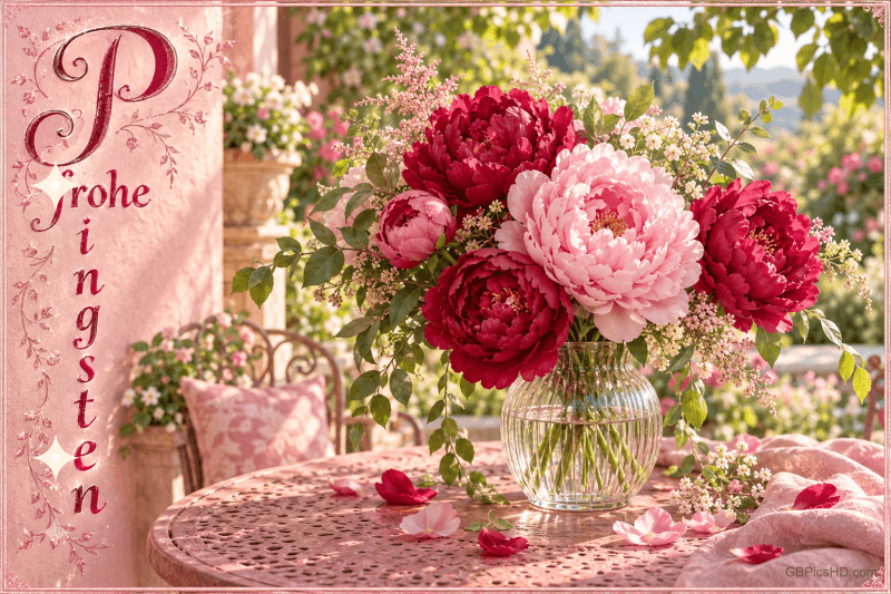Rote und rosa Pfingstrosen stehen in einer Glasvase auf einem Gartentisch neben dem Schriftzug "Frohe Pfingsten".