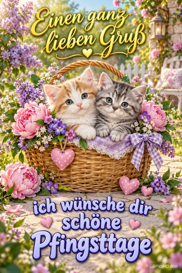 Zwei Kätzchen sitzen in einem Blumenkorb mit lila Schleife und rosa Herzen; darunter steht "ich wünsche dir schöne Pfingsttage".