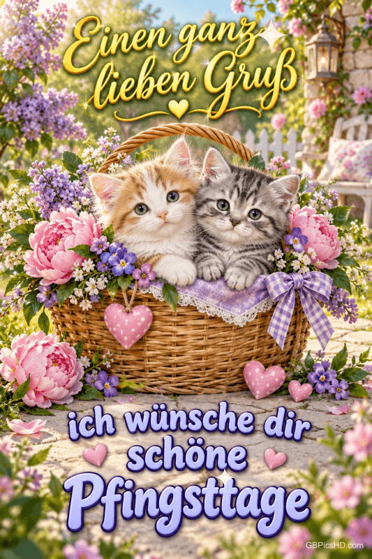 Zwei Kätzchen sitzen in einem Blumenkorb mit lila Schleife und rosa Herzen; darunter steht "ich wünsche dir schöne Pfingsttage".