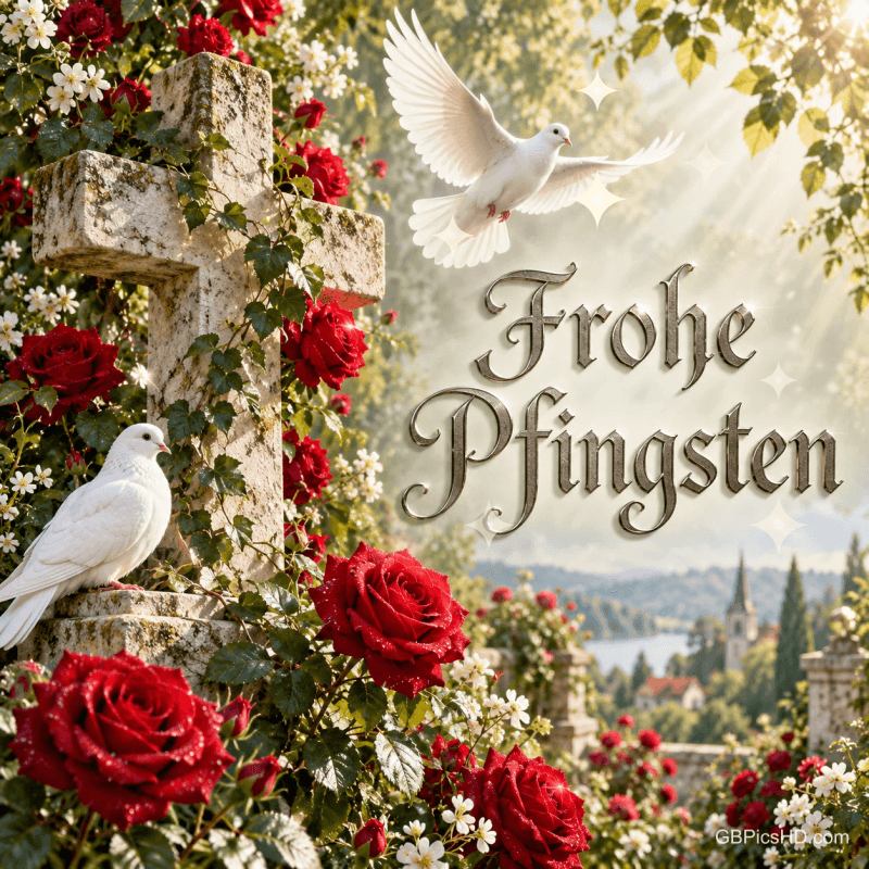 Zwei weiße Tauben, rote Rosen und ein steinernes Kreuz begleiten den Gruß "Frohe Pfingsten".