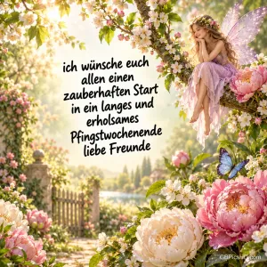 Eine Fee im Blütenbaum: "Ich wünsche euch allen einen zauberhaften Start in ein langes und erholsames Pfingstwochenende liebe Freunde".