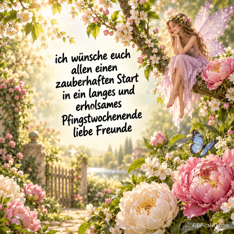 Eine Fee im Blütenbaum: "Ich wünsche euch allen einen zauberhaften Start in ein langes und erholsames Pfingstwochenende liebe Freunde".