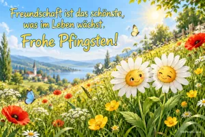 Zwei lächelnde Margeriten auf einer Blumenwiese mit "Freundschaft ist das Schönste, was im Leben wächst. Frohe Pfingsten!".
