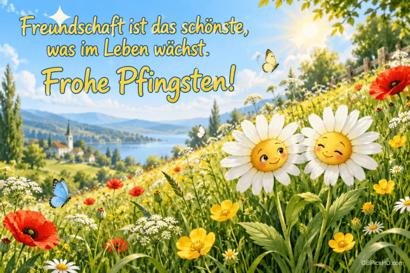 Zwei lächelnde Margeriten auf einer Blumenwiese mit "Freundschaft ist das Schönste, was im Leben wächst. Frohe Pfingsten!".