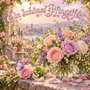 Pastellfarbene Rosen in einer Glasvase, ein Schmetterling und eine Biene begleiten "Ein schönes Pfingstfest".