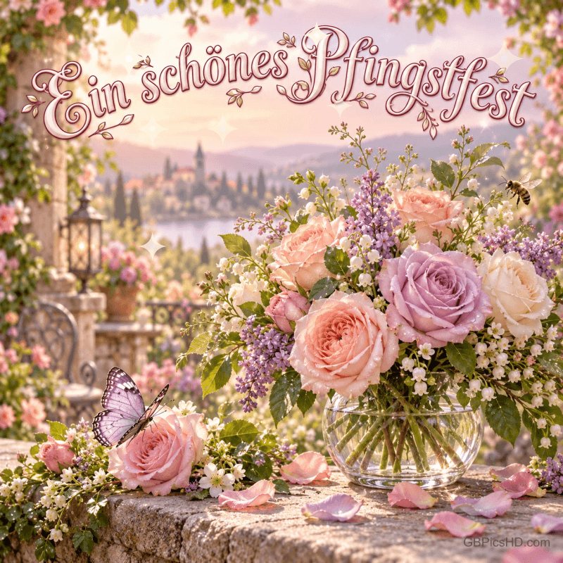 Pastellfarbene Rosen in einer Glasvase, ein Schmetterling und eine Biene begleiten "Ein schönes Pfingstfest".