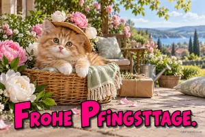 Ein orangefarbenes Kätzchen mit blumengeschmücktem Strohhut sitzt in einem Korb über dem Gruß "Frohe Pfingsttage.".