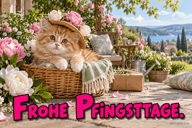 Ein orangefarbenes Kätzchen mit blumengeschmücktem Strohhut sitzt in einem Korb über dem Gruß "Frohe Pfingsttage.".
