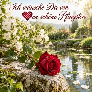 Eine rote Rose liegt am Teich unter weißen Blüten und dem Gruß "Ich wünsche Dir von Herzen schöne Pfingsten" mit rotem Herz.