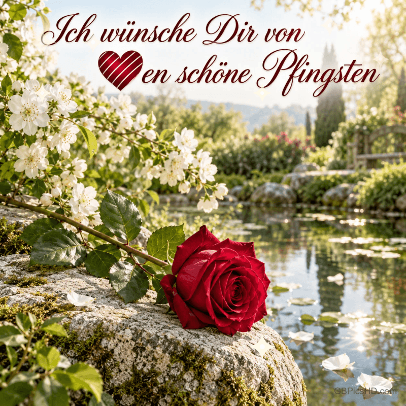 Eine rote Rose liegt am Teich unter weißen Blüten und dem Gruß "Ich wünsche Dir von Herzen schöne Pfingsten" mit rotem Herz.