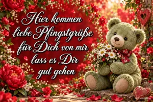 Ein grüner Teddybär hält Blumen neben "Hier kommen liebe Pfingstgrüße für Dich von mir lass es Dir gut gehen".