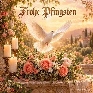 Eine weiße Taube fliegt über rosa Rosen neben drei Kerzen; darüber steht "Frohe Pfingsten".