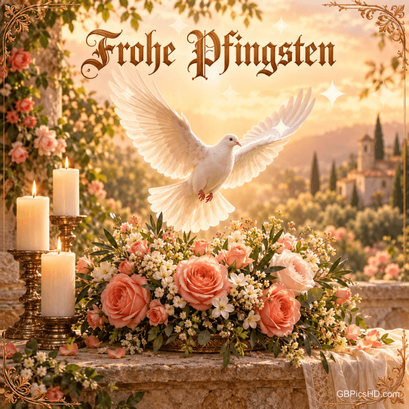 Eine weiße Taube fliegt über rosa Rosen neben drei Kerzen; darüber steht "Frohe Pfingsten".