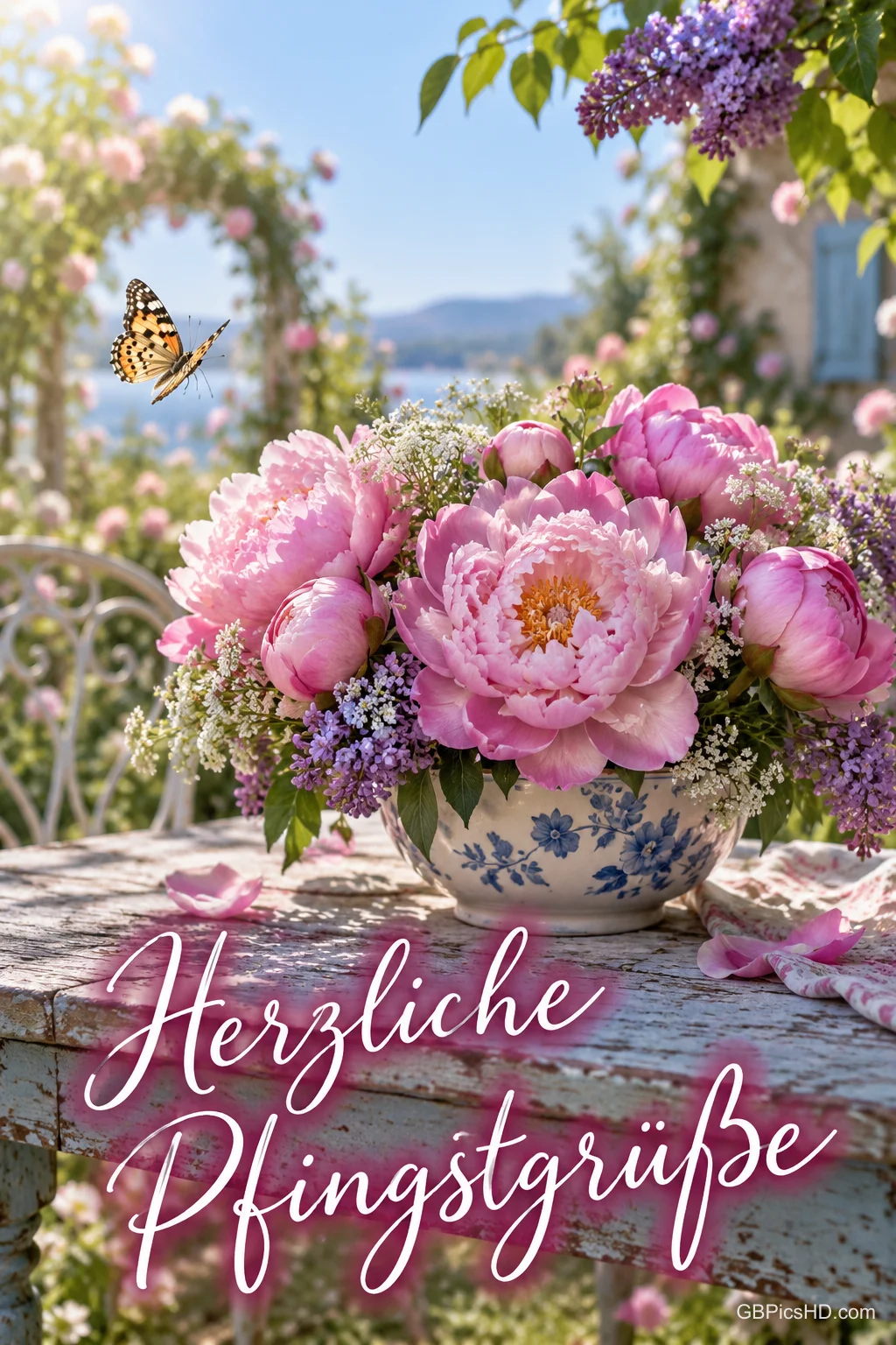Rosa Pfingstrosen in einer blau-weißen Vase und ein Schmetterling mit "Herzliche Pfingstgrüße".