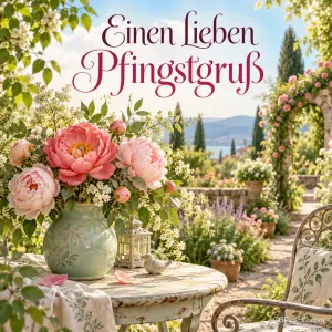 Pfingstrosen in einer grünen Vase, eine Laterne und eine Vogelfigur im Garten mit "Einen lieben Pfingstgruß".
