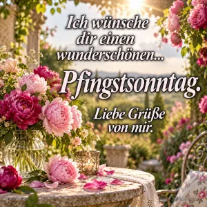 Pfingstrosen und Kerzenlicht mit "Ich wünsche dir einen wunderschönen... Pfingstsonntag. Liebe Grüße von mir.".