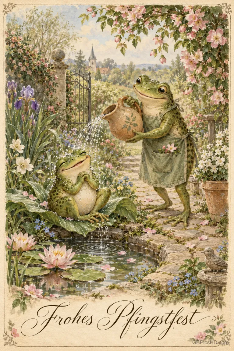 Eine nostalgische Karte mit einem Frosch, der einen zweiten Frosch unter einem Blütenbaum gießt, und "Frohes Pfingstfest".