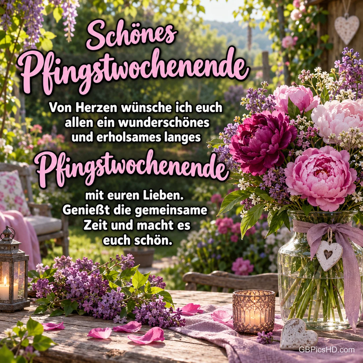 Rosa Pfingstrosen, Flieder und Kerzen auf einem Gartentisch mit "Schönes Pfingstwochenende".