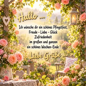 Ein Rosenbogen mit einer leuchtenden Laterne und Herzdekoration umrahmt "Ich wünsche dir ein schönes Pfingstfest".
