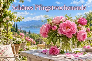 Rosa Pfingstrosen in einer Glasvase auf einer Terrasse vor See und Bergen mit "Schönes Pfingstwochenende".
