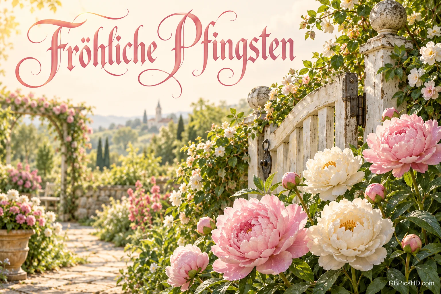 Rosa und weiße Pfingstrosen neben einem bewachsenen Holztor und einem Gartenweg mit "Fröhliche Pfingsten".