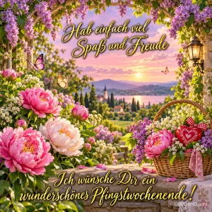 Blumen und ein Korb mit Herz vor Abendlandschaft mit "Hab einfach viel Spaß und Freude Ich wünsche Dir ein wunderschönes Pfingstwochenende!".