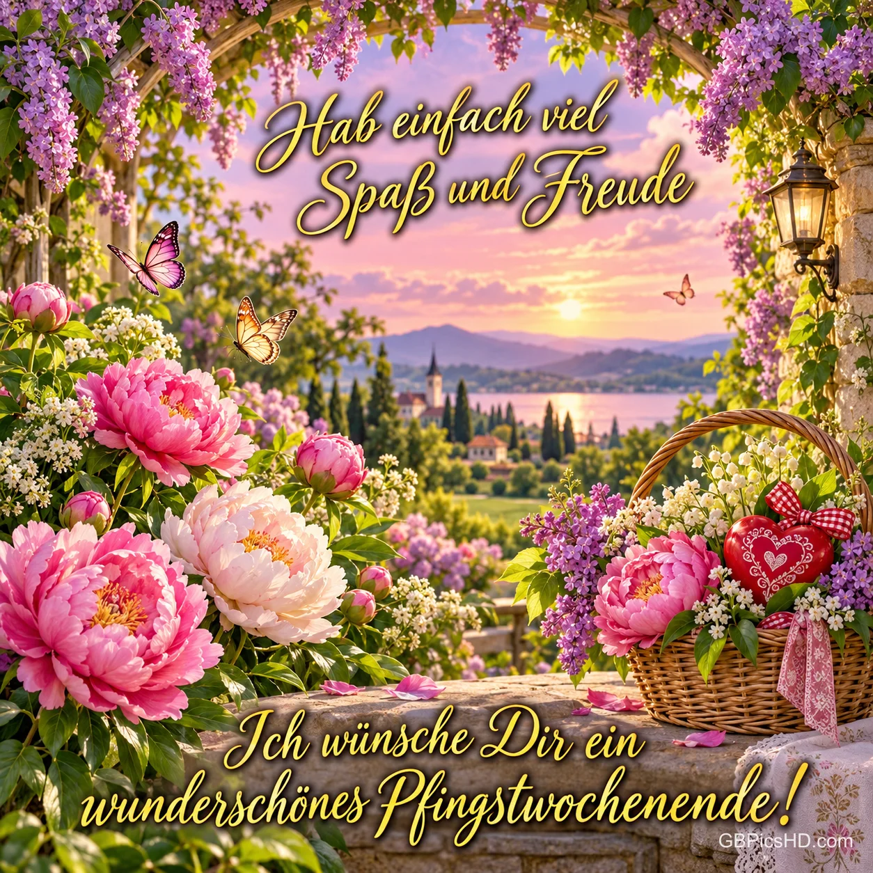 Blumen und ein Korb mit Herz vor Abendlandschaft mit "Hab einfach viel Spaß und Freude Ich wünsche Dir ein wunderschönes Pfingstwochenende!".