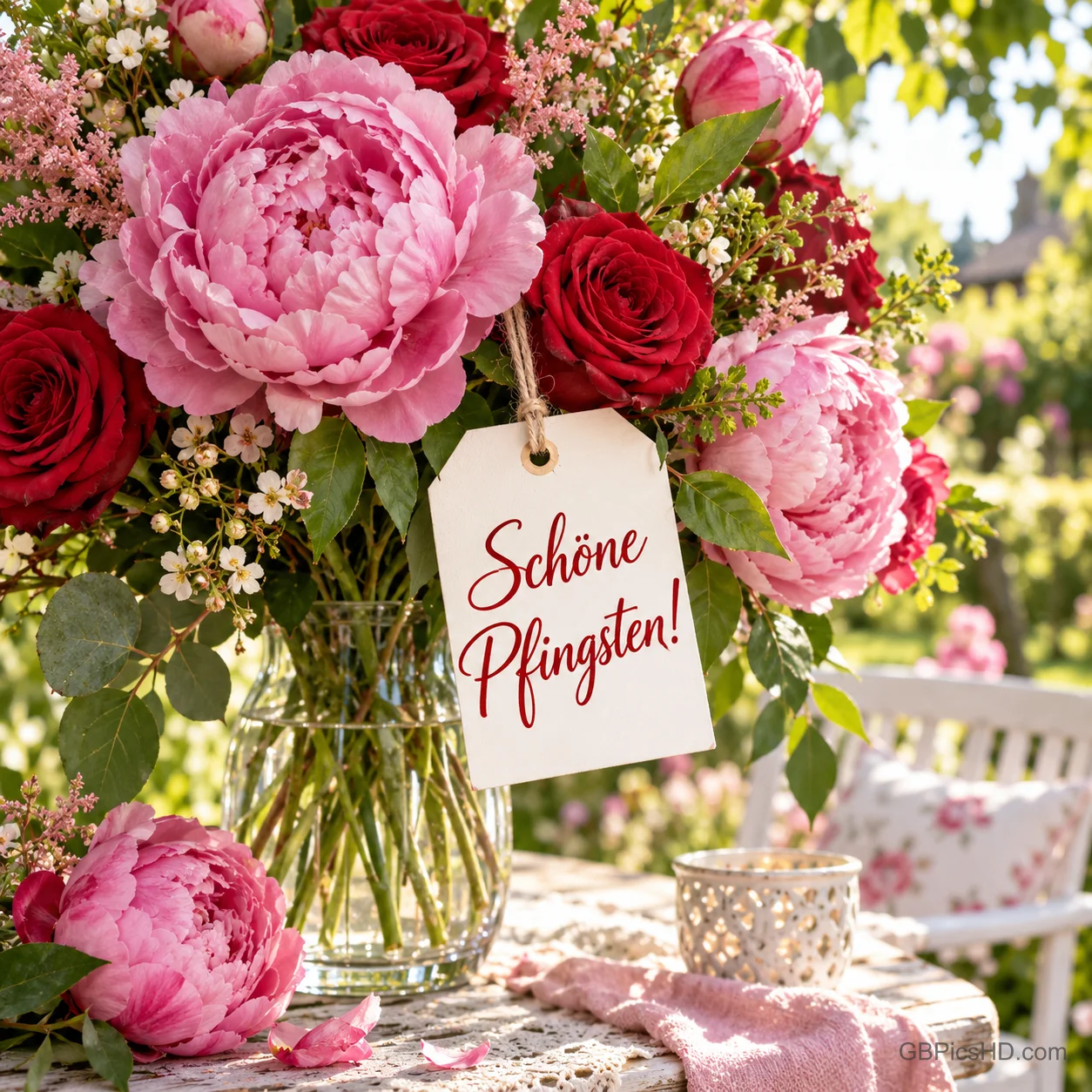 Ein weißes Geschenkanhängeschild mit "Schöne Pfingsten!" liegt zwischen rosa und roten Blüten und grünen Blättern.