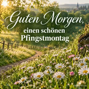 Sonnige Frühlingswiese mit Gänseblümchen entlang eines Feldwegs mit Holzzaun, im Hintergrund ein Kirchturm im Morgenlicht, dazu ein Morgengruß zum Pfingstmontag