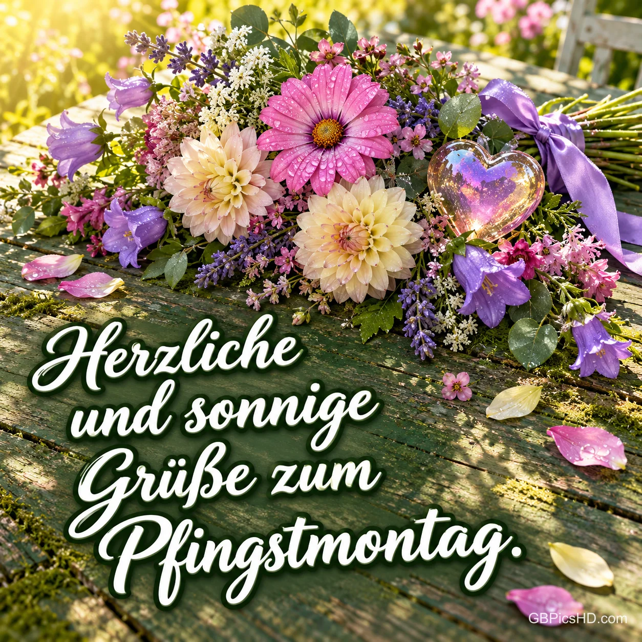 Bunter Blumenstrauß mit Dahlien, Glockenblumen und Margeriten liegt mit lila Schleife und einem schillernden Glasherz auf einem sonnigen Gartentisch Bunter Blumenstrauß mit Dahlien, Glockenblumen und Margeriten liegt mit lila Schleife und einem schillernden Glasherz auf einem sonnigen Gartentisch