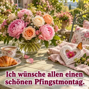 Gedeckter Gartentisch mit Pfingstrosen und Rosen in einer Glasvase, Kaffee, Croissant und einem gehäkelten Herz mit Blüte, auf dem ein Schmetterling sitzt