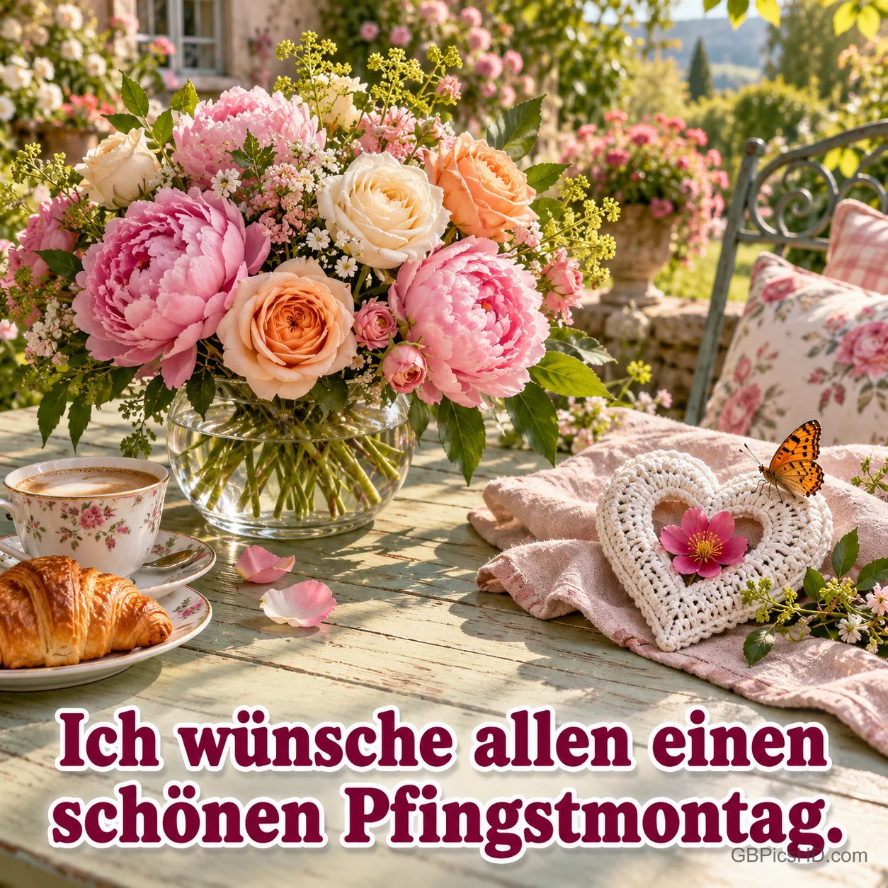 Gedeckter Gartentisch mit Pfingstrosen und Rosen in einer Glasvase, Kaffee, Croissant und einem gehäkelten Herz mit Blüte, auf dem ein Schmetterling sitzt Gedeckter Gartentisch mit Pfingstrosen und Rosen in einer Glasvase, Kaffee, Croissant und einem gehäkelten Herz mit Blüte, auf dem ein Schmetterling sitzt