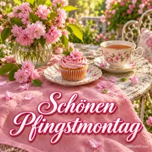 Teetasse mit Blütenmotiv, rosa Cupcake und Vase mit pinken Blüten stehen auf einem rosa Tuch an einem verschnörkelten Gartentisch im Sonnenschein