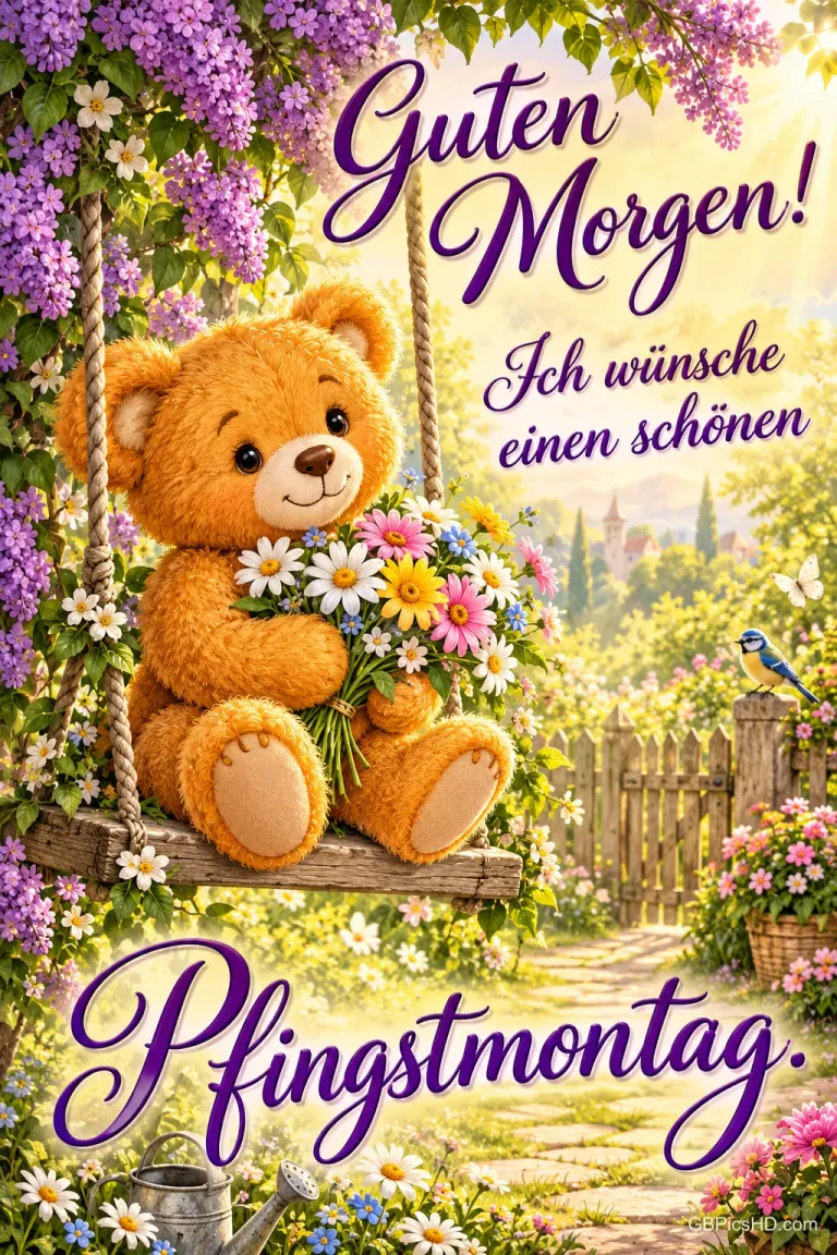 Kuscheliger Teddybär sitzt auf einer Holzschaukel unter blühendem Flieder und hält einen bunten Blumenstrauß, im Hintergrund ein sonniger Bauerngarten