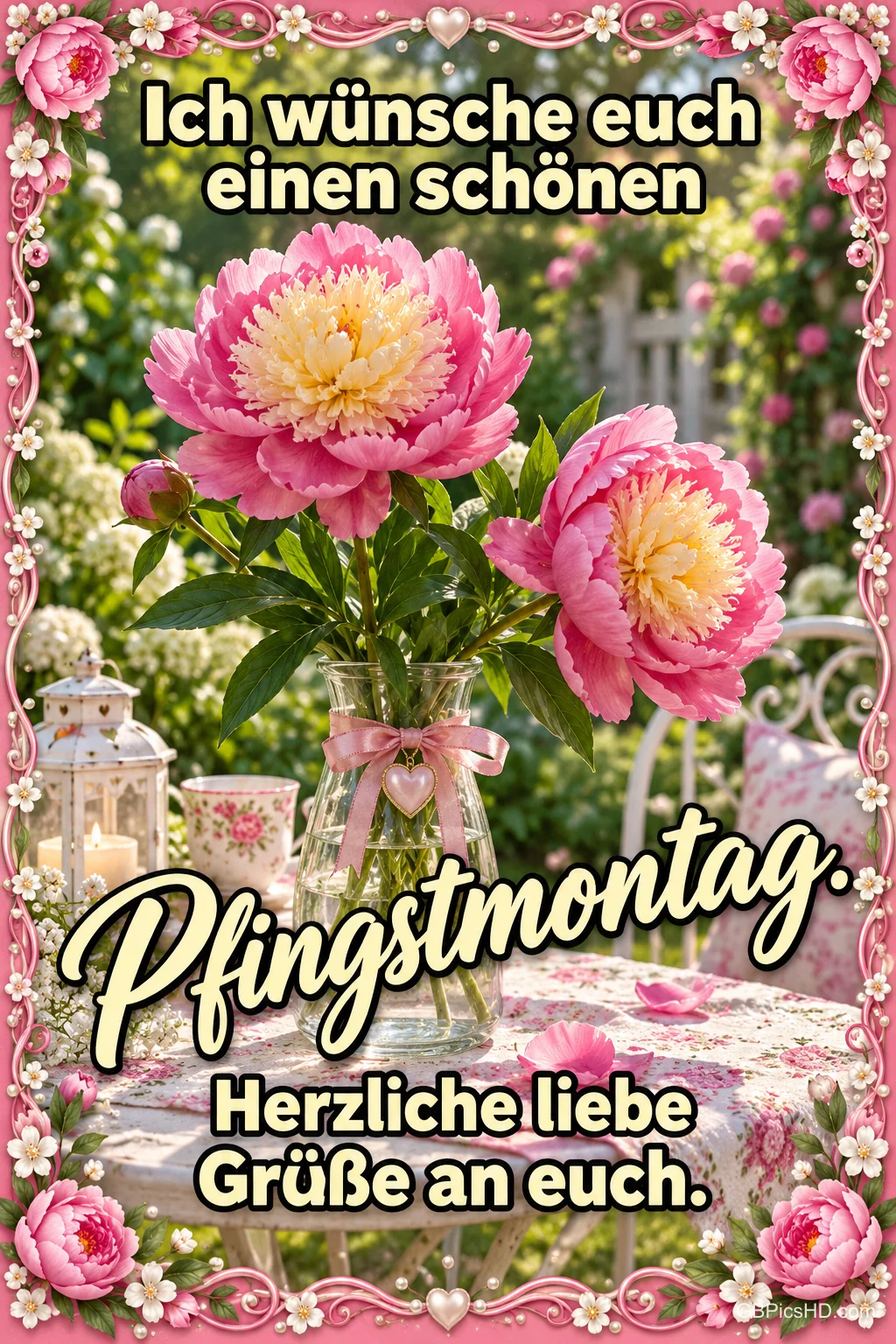 Rosa Pfingstrosen mit gelber Mitte in einer Glaskaraffe mit Schleife auf einem Gartentisch, daneben Laterne und Tasse, eingerahmt von einer rosa Blumenbordüre Rosa Pfingstrosen mit gelber Mitte in einer Glaskaraffe mit Schleife auf einem Gartentisch, daneben Laterne und Tasse, eingerahmt von einer rosa Blumenbordüre