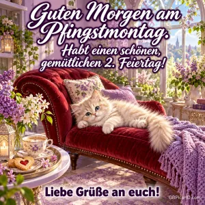 Flauschiges Kätzchen liegt auf einem roten Samtsofa in einem Wintergarten mit Flieder, Tee und Kerze, dazu ein Morgengruß zum Pfingstmontag