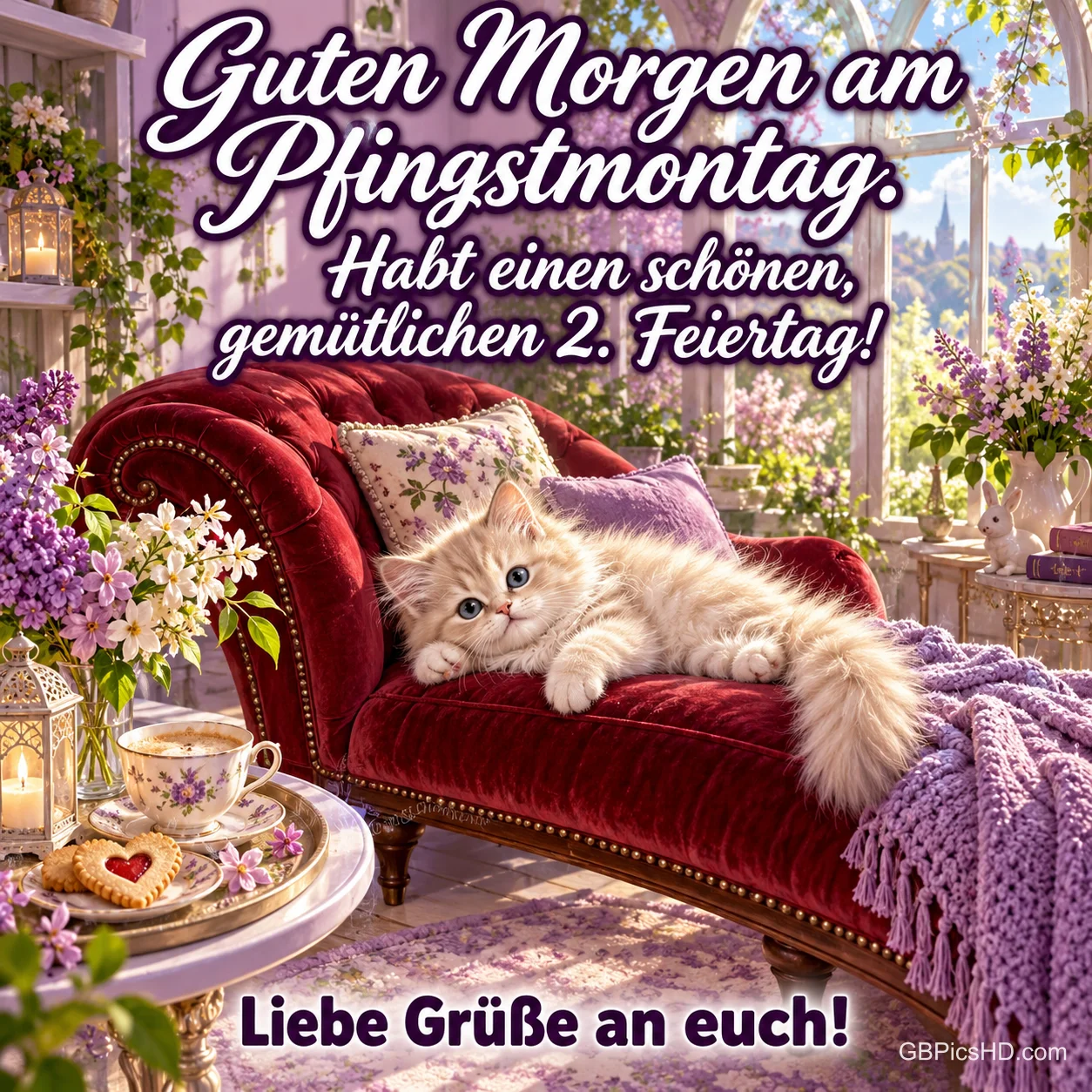 Flauschiges Kätzchen liegt auf einem roten Samtsofa in einem Wintergarten mit Flieder, Tee und Kerze, dazu ein Morgengruß zum Pfingstmontag Flauschiges Kätzchen liegt auf einem roten Samtsofa in einem Wintergarten mit Flieder, Tee und Kerze, dazu ein Morgengruß zum Pfingstmontag