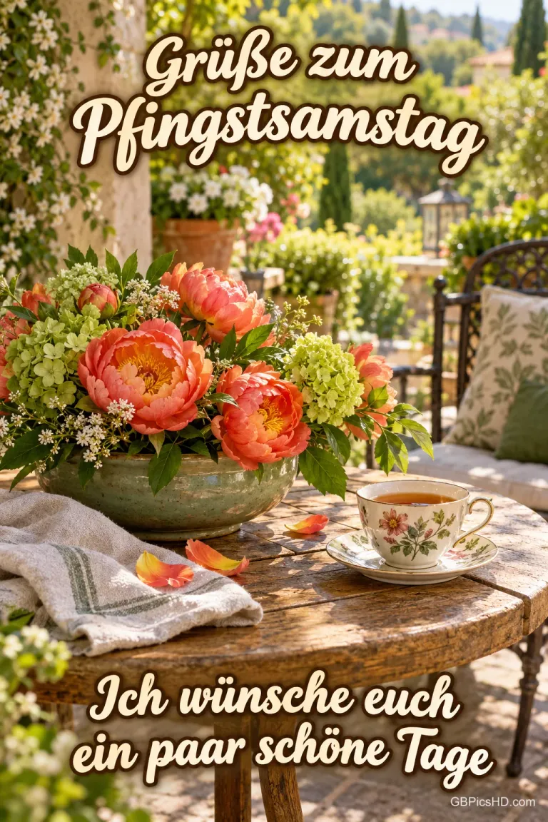 Schale mit orangefarbenen Rosen und Hortensien neben einer Teetasse auf einem Gartentisch im Sonnenlicht, dazu "Grüße zum Pfingstsamstag – Ich wünsche euch ein paar schöne Tage".